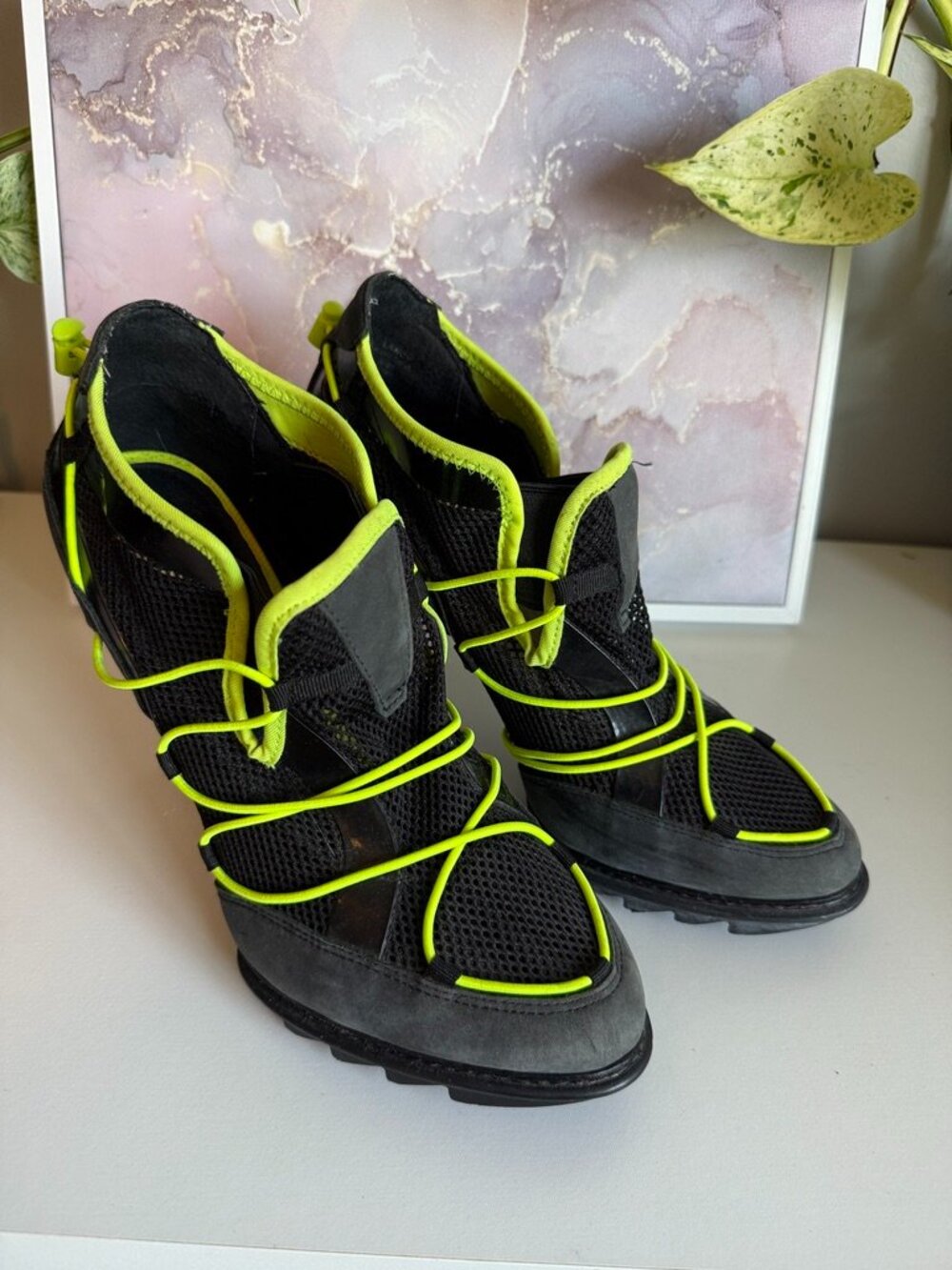 DKNY Black Neon Green High-Heeled Sneakers